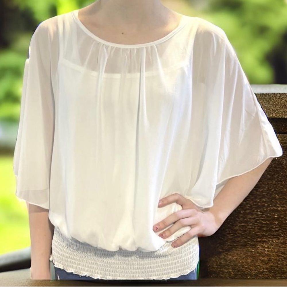 IZ White Sheer Blouse Double Layer with Attached Cami  Size Medium